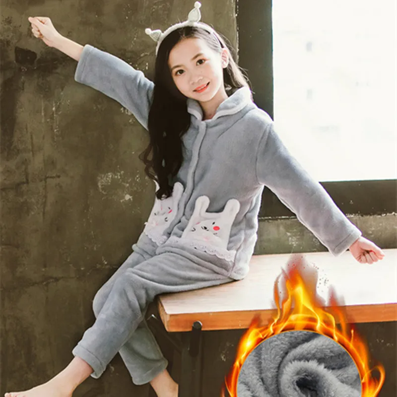 

Girls Coral Velvet Pajamas Set Winter Cute Girl Long-sleeved Home Service Children Clothes Flannel Plus Velvet Thickening Suits