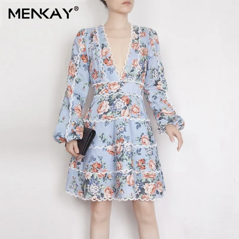 

[MENKAY] Floral Print Hollow Out Women Midi Dress V Neck Long Lantern Sleeve Female Casual Fashion 2019 Autumn Beach Dresses