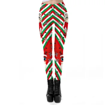 

2019 Christmas Leggings Women Fitness Sexy Leggings Santa Claus Green Red Striped Print Elastic High Waist Leggings