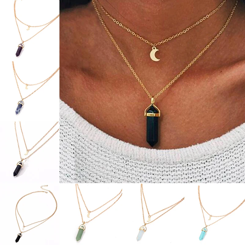 

LNRRABC 1PC New Western Style Women Choker Pendant Necklace Natural Stone Moon Sequins Double Layer Jewelry