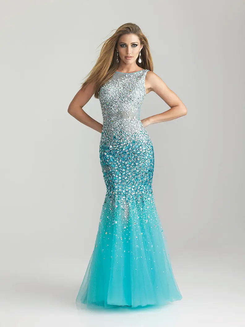 aqua belted sequin gown