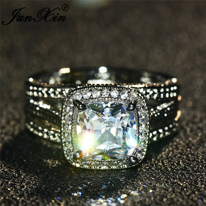 JUNXIN Charm Wedding Big Rings For Women 925 Sterling Silver Filled Princess Square Stone White Zircon Crystal Ring Female Gifts