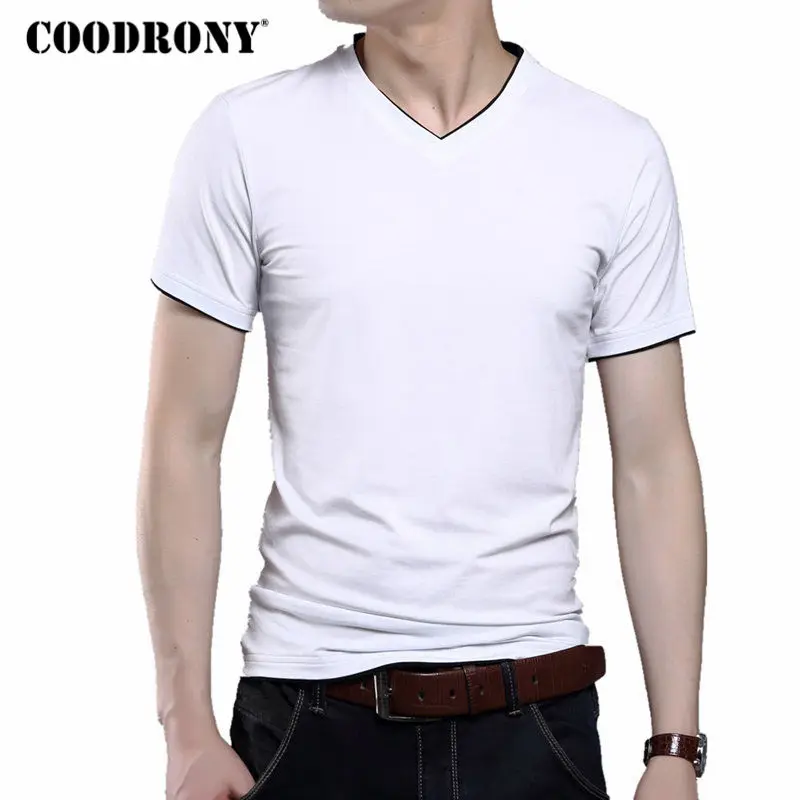 

COODRONY Free Shipping Solid Color T Shirt Men Summer Short Sleeve T-Shirt Men Casual Tops 100% Cotton V-Neck Slim Fit Tees 2247