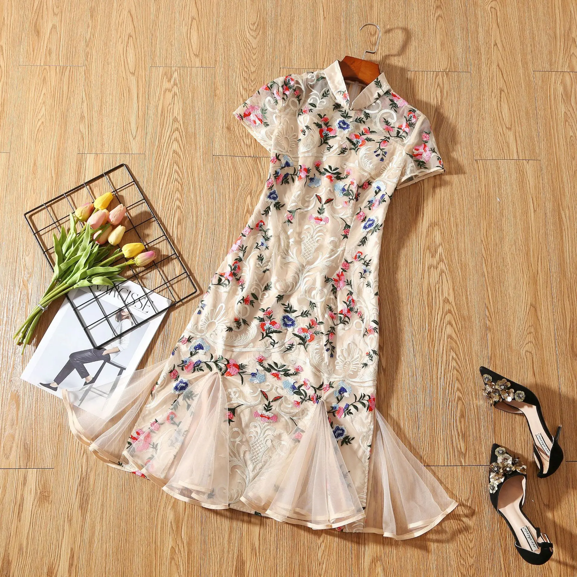 Китайское винтажное платье русалки Qipao с цветочной вышивкой 2020|qipao long dress|vintage