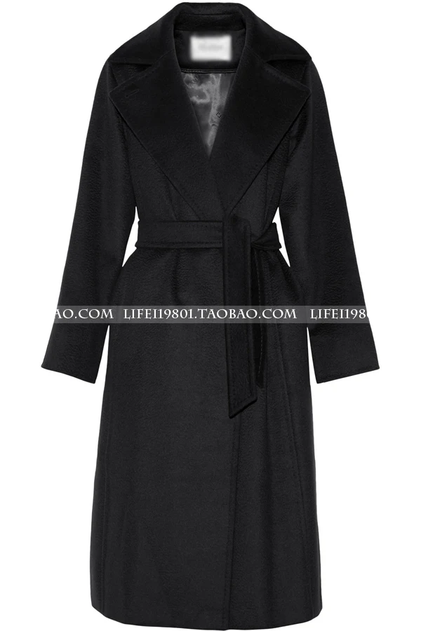 Winter Women turn down collar Black Woolen Maxi Long Coat Slim Belt Robe wool blends Overcoat