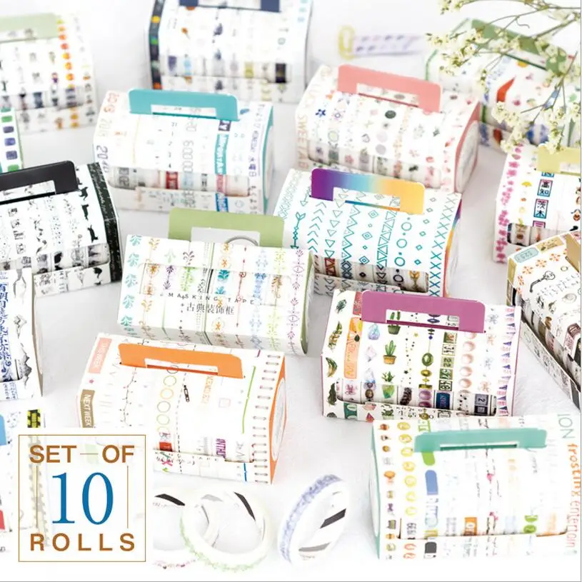 

10 Pcs/Box Creative Watercolor Slim Border Cute Flower Leaves Clover Stars Feather Crystal Stone Square Grid Washi Tape