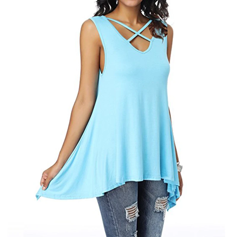 Summer Women Sleeveless Cross Vest V Neck Casual Holiday Blouse Tops T-shirt New
