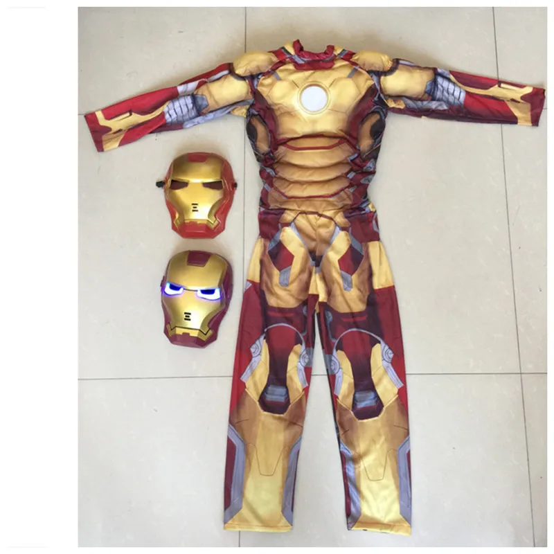 Дети Железный человек, мускулы, костюм с принтом «Железный человек», косплей для мальчиков фильм маскарадный костюм на Хэллоуин вечерние светодиодный маска подарок на день рождения