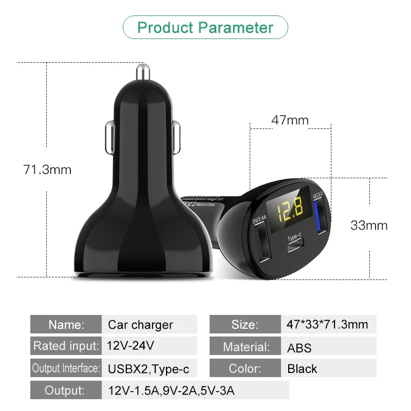 Автомобиль Dual USB Автомобильное зарядное устройство прикуривателя Тип C QC 3,0 Зарядное устройство 5V светодиодный Дисплей адаптер-разветвитель Авто гнездо зарядки электронных аксессуаров