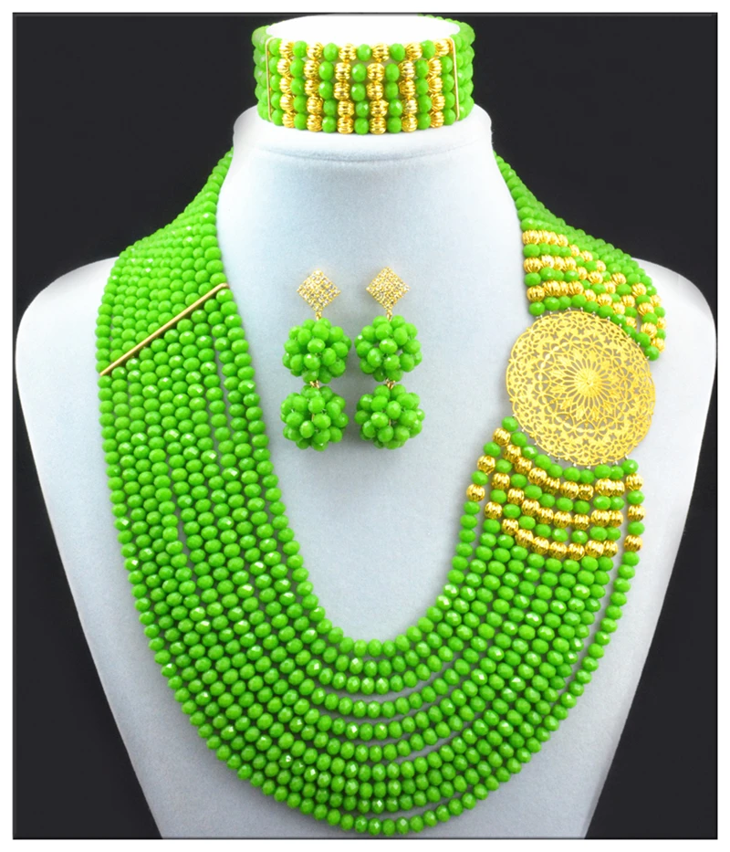 

2017 Green Statement Necklace Nigerian Wedding African Beads Jewelry Set Costume Jewellry Sets Gold-color Free Shipping