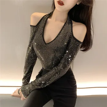 

Chic Womens Summer Tops and Blouses Sequined Bling Bling Halter Shirts Women Lace Up Ladies Blouses Night Club Blusas Mujer