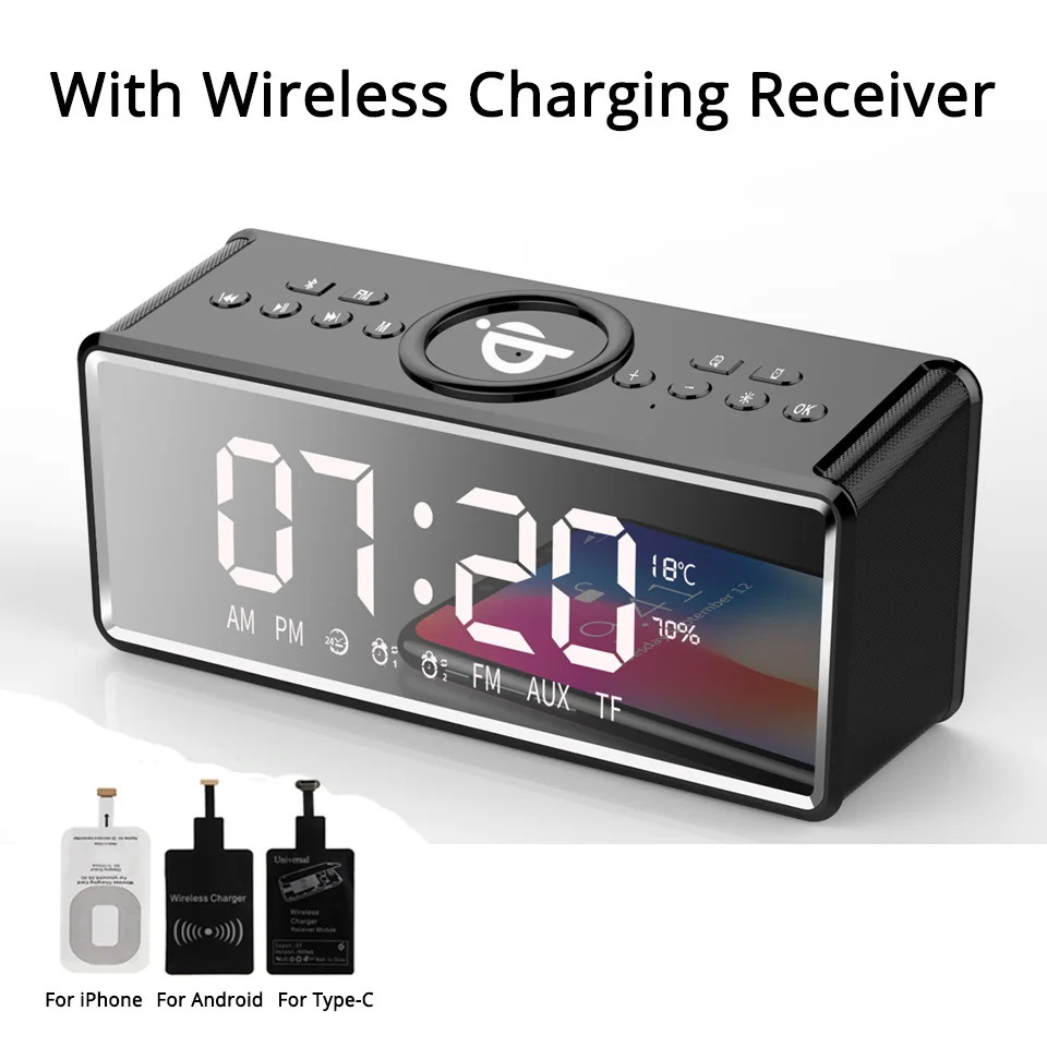 

Alarm Clock QI Wireless Charging Bluetooth Speaker Wireless Speaker for Phones BT Portable Speakers with Microphone Loudspeaker
