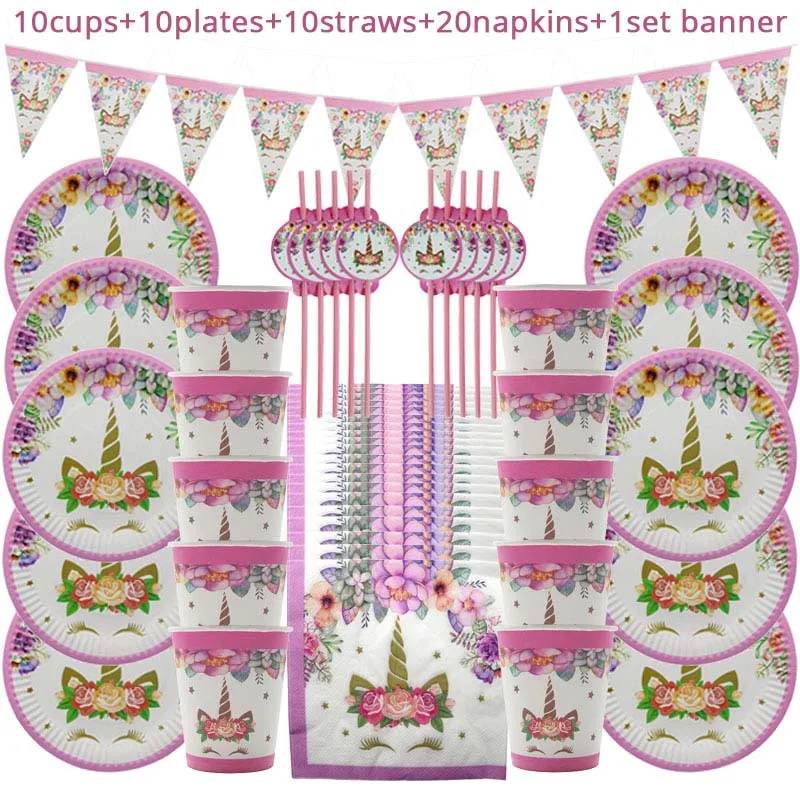 

51/40pcs Unicorn Party Set Disposable Tableware Happy Birthday Party Decorations Kids Baby Shower Table Cloth Straws Cup Plates
