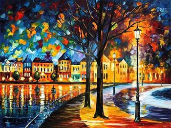 

Modern handmade painting by knife park at riverside on oil canvas for living room decor and wallpaper