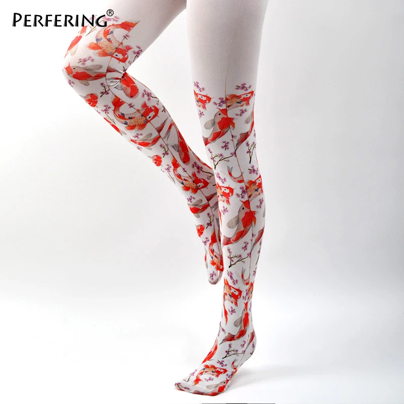 

Perfering Fashion Stocking Hot INS Style Cute Creative Personalized Printed Silk Stocking Sexy Thin Women Fish Art Unique White