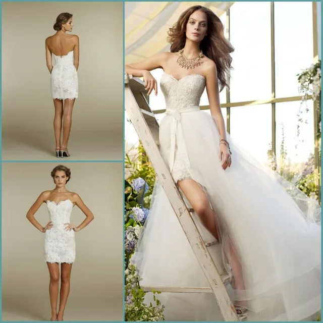 Custom Made Sweetheart Two Piece Design Lace Short Bridal Gown Custom Made Sweetheart Two Piece Design Lace Short Bridal Gown Detachable Train Tulle Beach Wedding Dresses