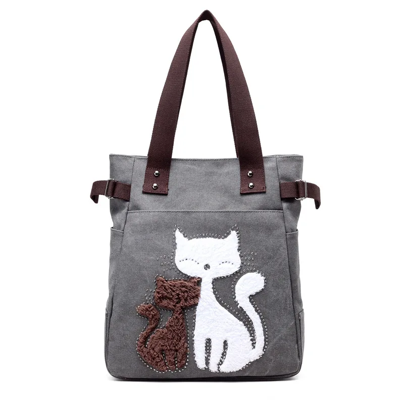 KVKY, Женская Холщовая Сумка, сумка известного бренда, сумки на плечо, Женская Холщовая Сумка s с милой плюшевой аппликацией в виде кота, пляжная сумка - Цвет: Серый