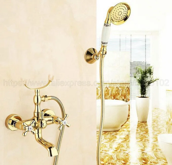 Bathtub Faucet Luxury Gold Color Brass Wall Mount Handheld Bath Tub Mixer System with Handshower Telephone Style ztf124 luxury gold color brass bathroom tub faucet telephone style bathroom bathtub wall mounted with handshower swive tub spout ntf413