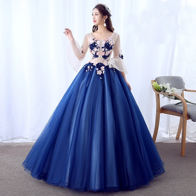 

Blue Puffy Dresses For Prom Dresses 2019 Ball Gowns For Adults Floral Applique Costumes Vestido Robe De Gala Dresses 2019 TS858
