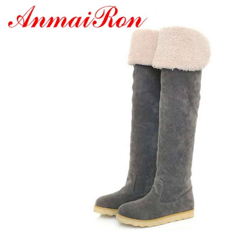 

ANMAIRON Black Brown Grey Yellow Hot Fashion Flats Snow Boots Women Over-The-Knee Boot Cotton Warm Shoes BIG Size 34-43 Winter