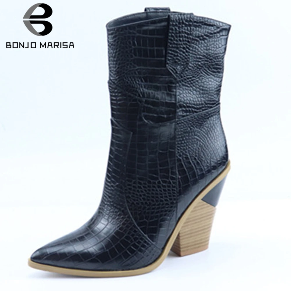 

BONJOMARISA Western Boots Woman Fashion Slip On Snake Prints Strange Wooden Heels Shoes Pointed Toe Ankle Boots Plus Size 33-46