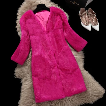 

Elegant V neck pocket full pelt natural rabbit fur coat outerwear women's autumn winter slim long jacket plus size S - XXXL