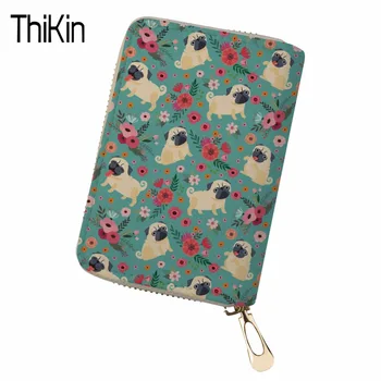 

THIKIN Women Zipper Credit Card Holder PU Leather fashion cardholder Pug floral kawaii extendable female girls id holder bags