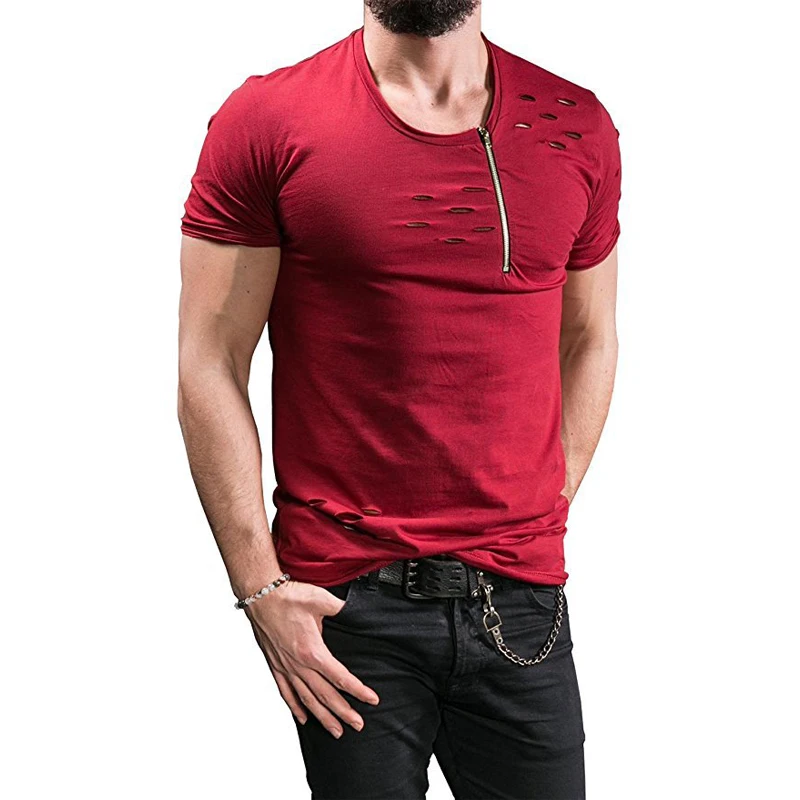 Uwback Summer Men's Plus Size 3XL Short Sleeve Ripped Hole Zipper Casual Hip Hop T-Shirts image 5