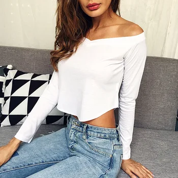 

2018 Autumn New Sexy V-neck Wrapped Chest Folds Exposed Umbilical Short-sleeved Shirt Long-sleeved Solid Color Women T-shirt