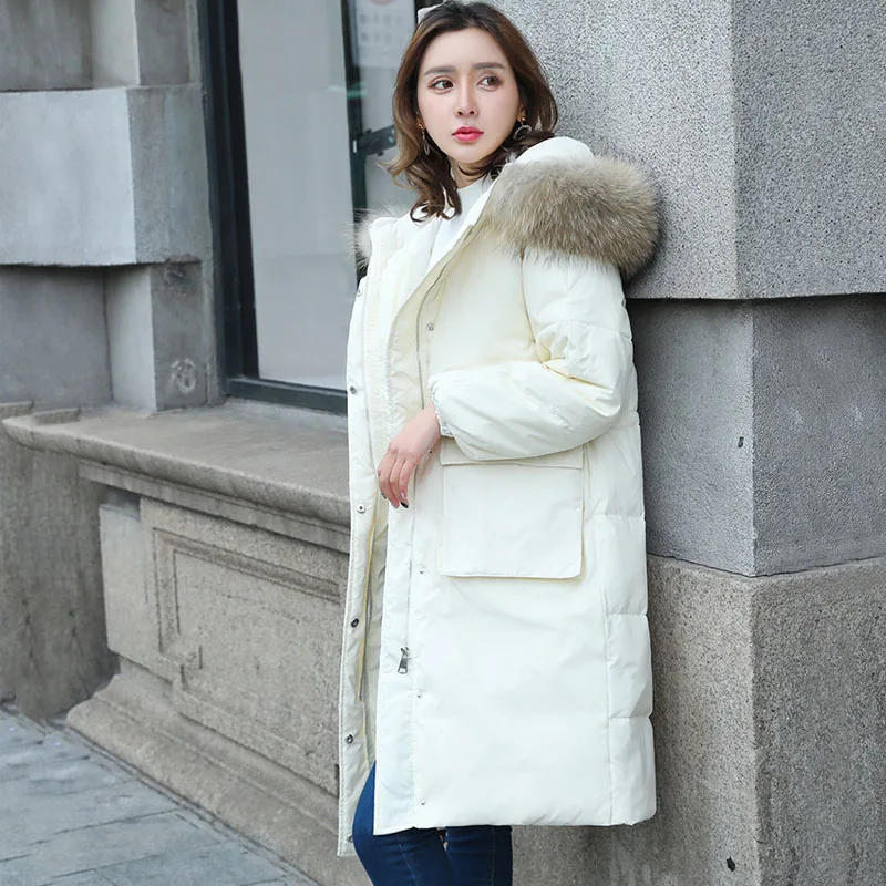 Fourrure Pardessus Veste Beige noir Femme Femmes Raton À Manteau D'hiver Réel Grand Collier Capuchon Longue Lâche Parka Laveur De orange 90Blanc 2018 Canard Duvet b76gyIfvY