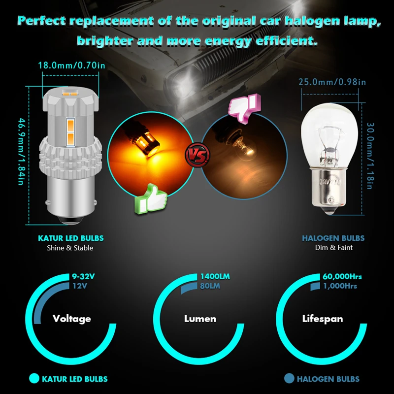Katur 2 шт. Светодиодные Автомобильные сигнальные огни PY21W bau15s светодиодные лампы Янтарный белый P21W 1156 BA15S P21/5 W BAY15D T20 одиночный светодиод T25 Led 1400Lm