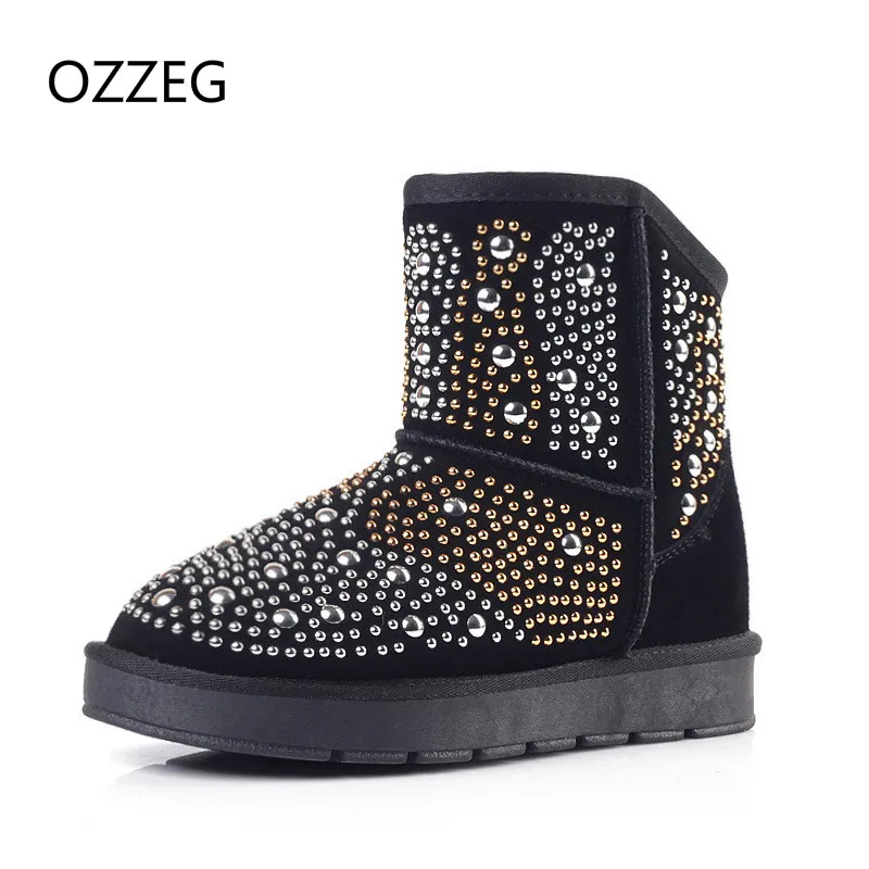 

Women Winter Boots Fashion Rivet Genuine Leather Boots Female Warm Fur Plush Inside Snow Boots High Quality Botas Mujer Flats