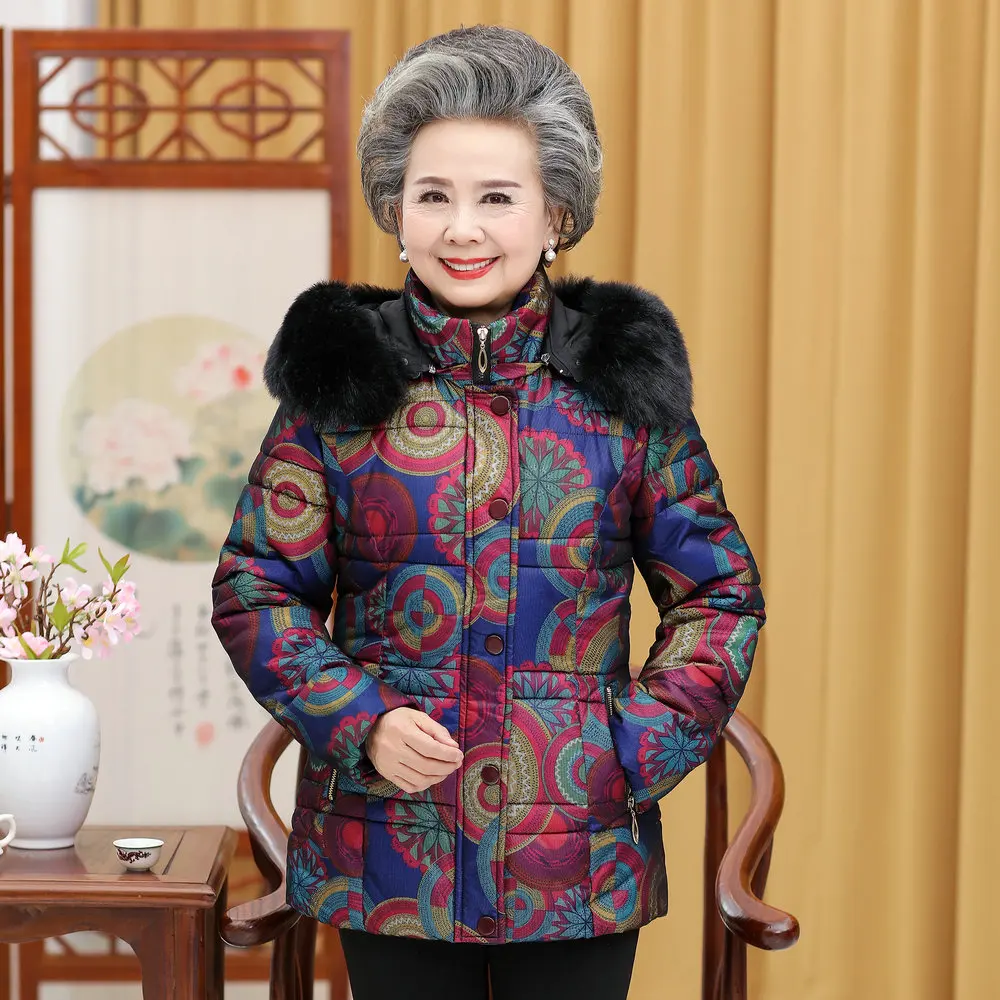 Elderly Women Puffer Jackets Withe Fur Hood Parka Grandmother Winter Warm Quilted Basic Coats Floral Printing Quilted Puff Coat
