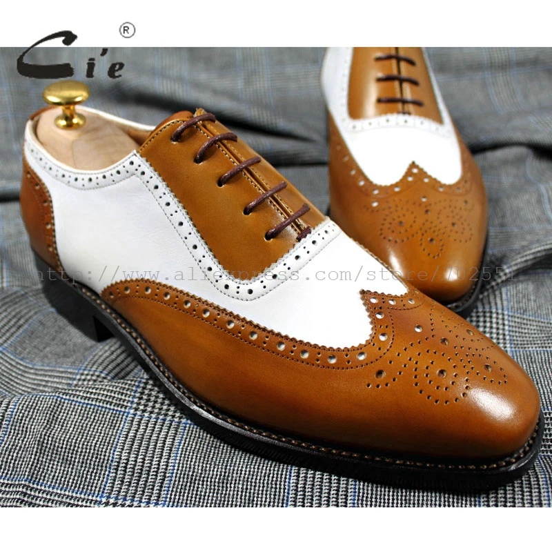 

cie Square Toe Full Brogues Brown&White Mixed Colors Lace-Up 100%Genuine Calf Leather Outsole Breathable Goodyear Welted OX197
