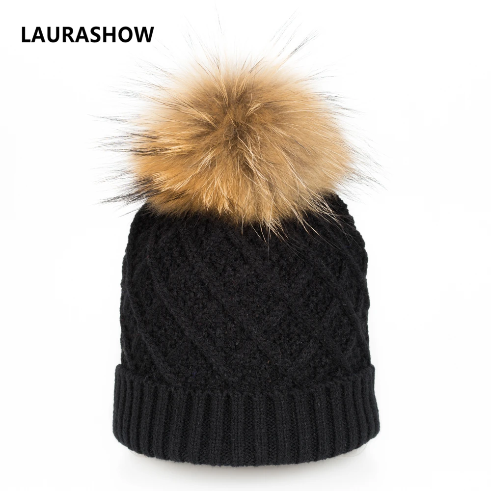 Laurashow осень-зима взрослых Детские шапочки натуральный мех мяч помпонами теплая шерсть Кепки Детские аксессуары шапка