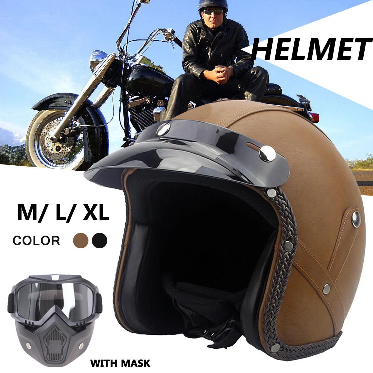

M/L/XL Vintage Open Face Half PU Leather Motprcycle Helmet Retro Moto Bike Helmets Motorbike Headgear Racing Casque Casco