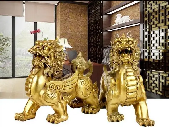 Chinese Pure Brass talisman Fengshui Evil Door Fu Foo Dog Lion beast kylin Pair