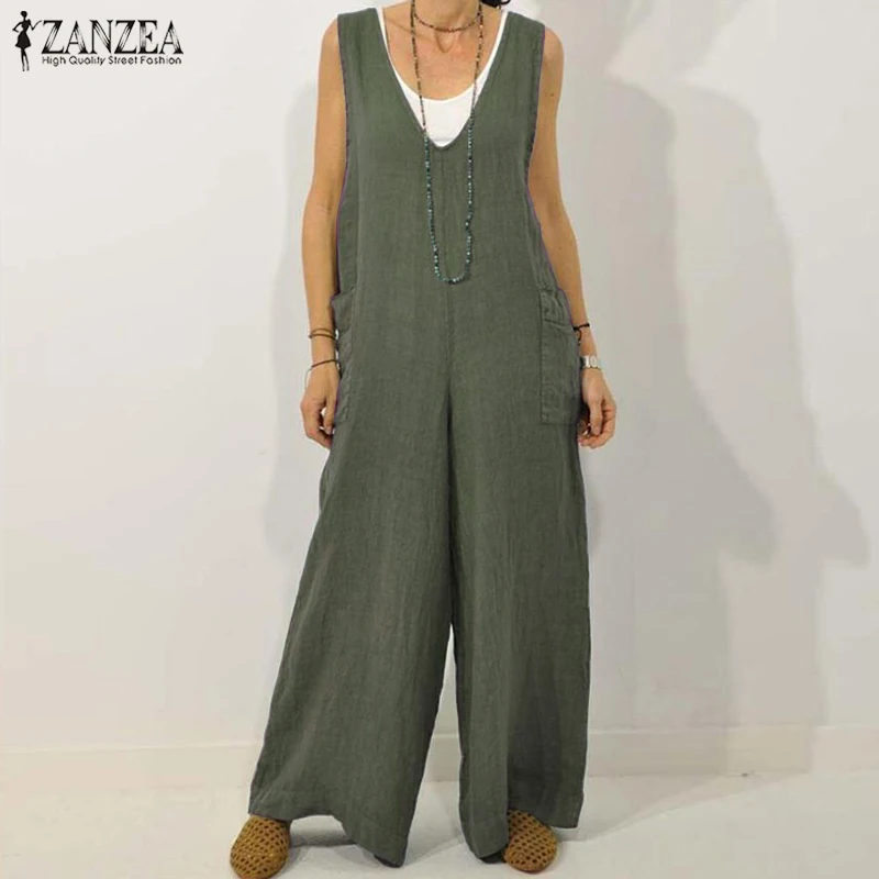 

2019 Plus Size ZANZEA Long Rompers Summer Women Wide Leg Jumpsuits Strappy Solid V Neck Cotton Overalls Pants Female Playsuit