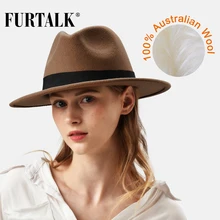 FURTALK 100% sombrero Fedora de lana australiano para mujeres y hombres, sombrero ancho Vintage de fieltro, sombrero de pareja de Jazz, sombrero negro y marrón