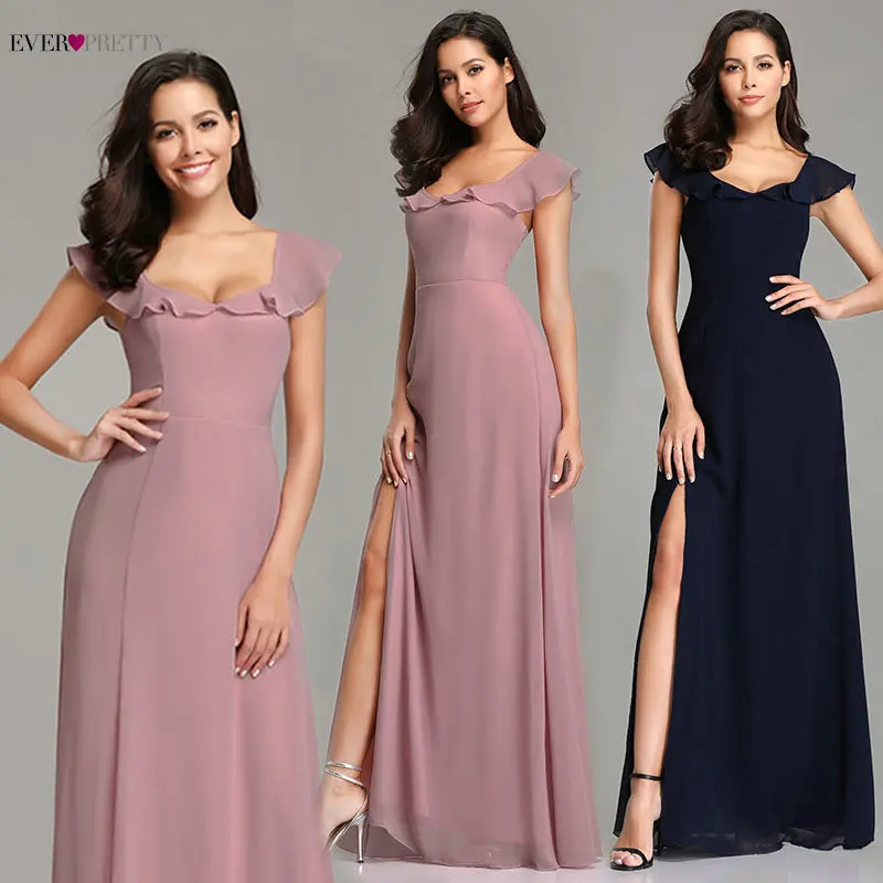 

Navy Blue Evening Dresses Ever Pretty EZ07737 2019 New Arrival Elegant Pink Long A-line Chiffon Sexy Leg Slit Formal Party Gowns
