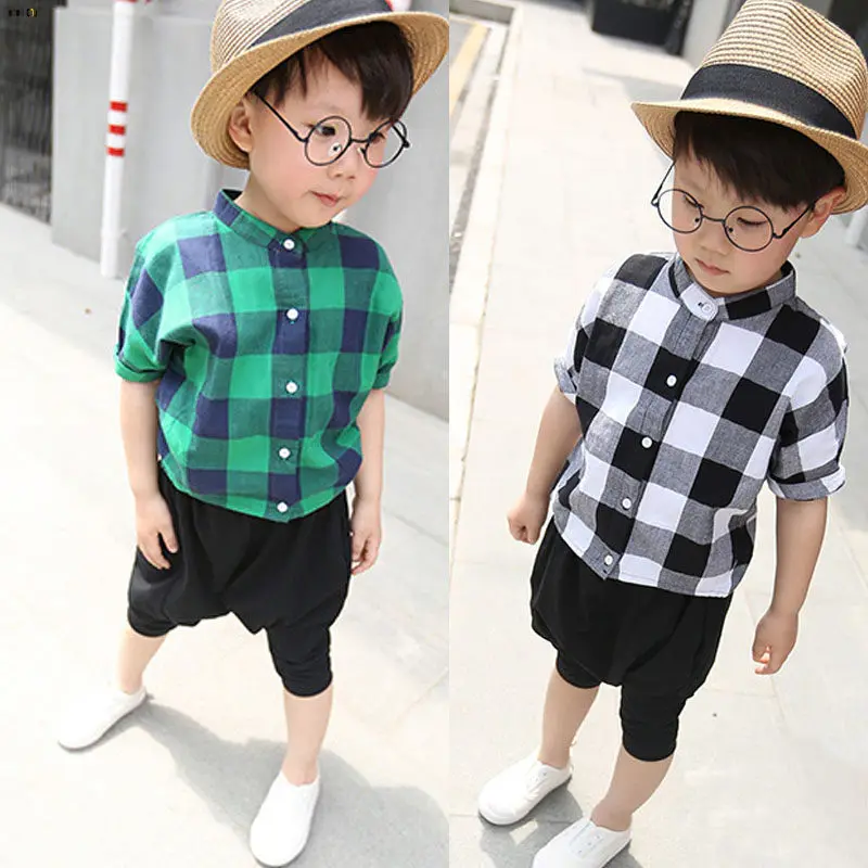 

Baby Boy Summer Clothes Sets Plaid Shirt & Harem Pants Short Sleeve Cotton Casual Sports Suit For Boy 1 2 3 4 5 Years