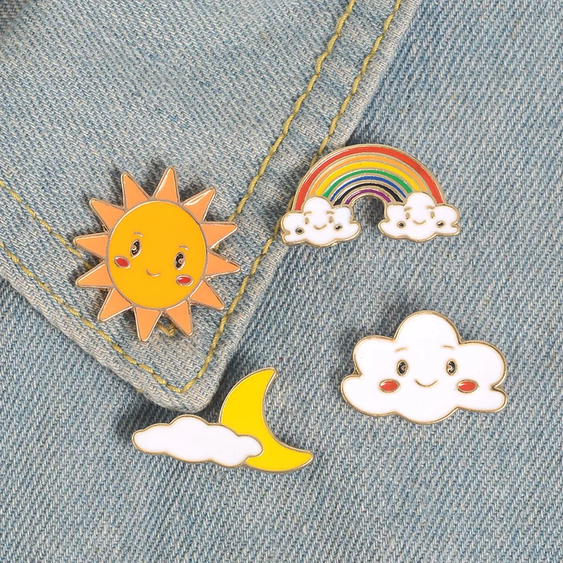 

Cartoon Moon Enamel Pins Sun Rainbow Bridge Cloud Mood Brooches Jeans Shirt Lapel Pins Bag Badge Jewelry Gifts Women Girl Gift