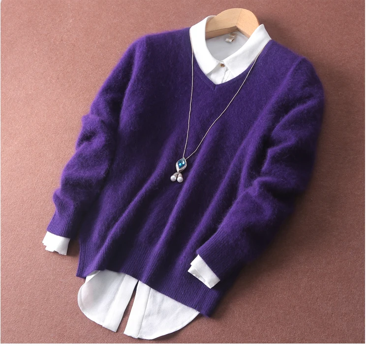 Супер теплый пушистый норковый Кашемир мягкий мех v-образный вырез свитера и пуловеры для женщин Осень Зима Джемпер женский брендовые