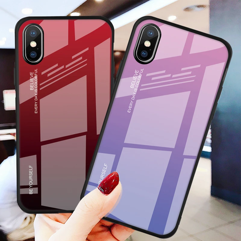 GerTong Red Wine Gradient Colors Phone Case For iPhone XR XS MAX Glass Protective Case For ...