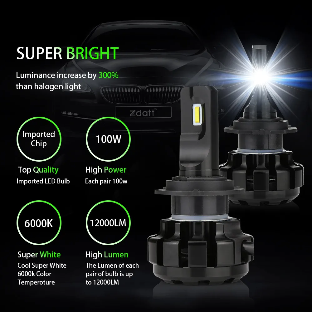 Najtaniej Zdatt H7 Led H11 lampa Led żarówki reflektorów samochodowych H1 u nas państwo lampy H8 HB3 9005 Led 12V 9006 HB4 Canbus 100W 12000LM lampa samochodowa