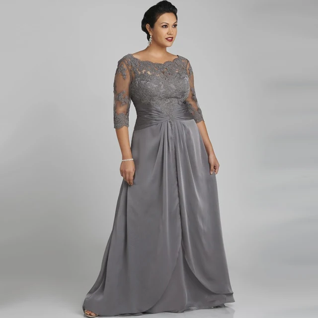 Vestidos De Noche talla grande con encaje manga tres cuartos gris ... Vestidos De Noche talla grande con encaje manga tres cuartos gris ...