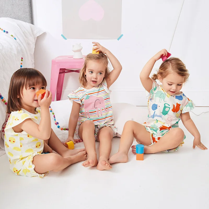 

children's clothing summer new brand children's clothing children's suit knitted cotton cartoon short sleeve girls suit