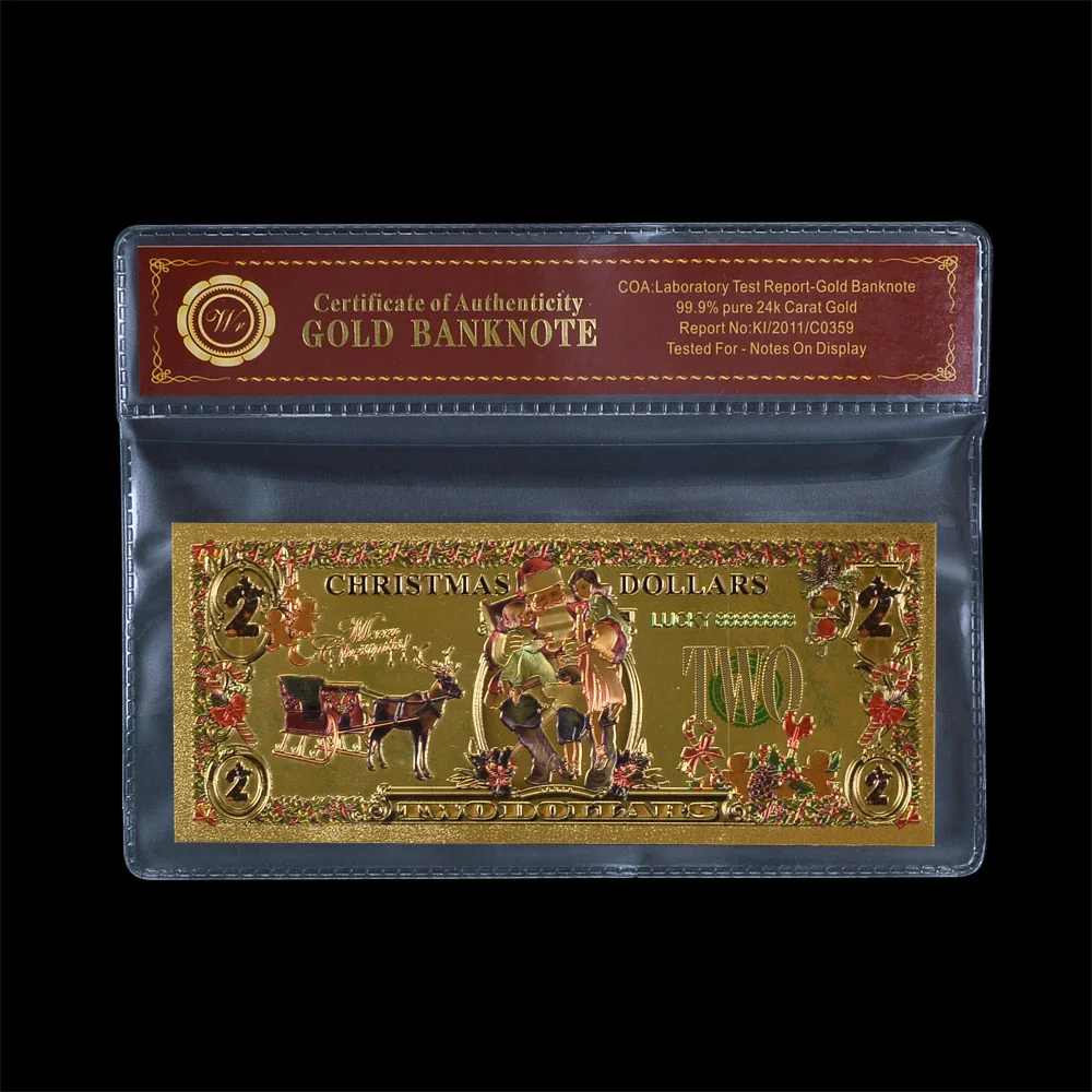 WR Merry Christmas Металл Золотая фольга банкноты красочные USD 2 доллар с пвх рамкой золотой банкнот подарок для продвижения бизнеса