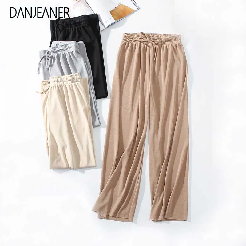 

DANJEANER Women Summer Thin Cool Trousers Solid Wide Leg Loose High Waist Drawstring Pants Ankle- Length Pants Korean Version