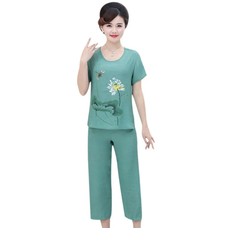 

Summer Women Two Piece Set Casual O Neck Short Sleeve Print Tops + Soild Long Pants Female Plus Size Loose Suit Women Set